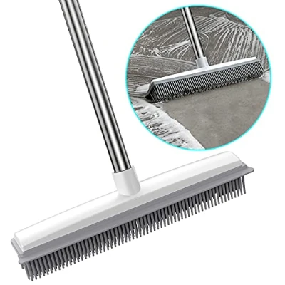 Image of 2 in 1 Rubber Broom with Squeegee Edge, Carpet Brush Adjustable Long Handle Outdoor Soft Push for Pet Cat Dog Hair Removal Kitchen Garden Yard Window Cleaning