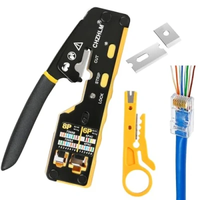 Image of Pass Through Crimper RJ45 Crimp Tool Kit Crimping Stripper Cutter All in One for 8P Cat5 Cat5e Cat6 Cat6a 6P RJ11/12 Telephone Connectors with Mini Yellow
