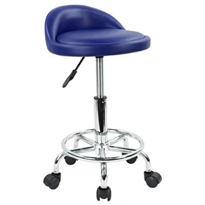 Image of KKTONER PU Leather Round Rolling Stool with Foot Rest Height Adjustable Swivel Drafting Work SPA Task Chair Wheels (Blue)
