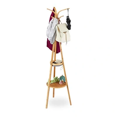 Image of Relaxdays Coat Stand, Modern Bamboo Garment Rack, 2 Trays, 6 Hooks, Tree Design, 178 x 50 cm, Natural