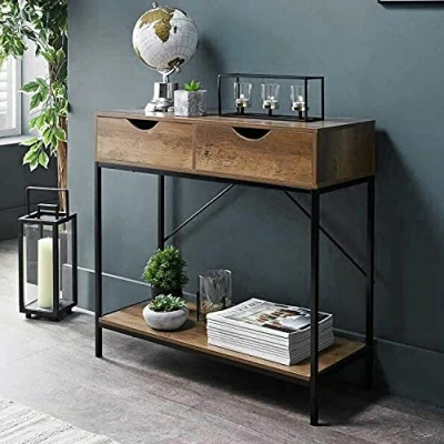 Image of AJ New Tromso 2 Drawer Console Table Black Metal Frame &amp; Wooden Drawers and Shelf Furniture Perfect For Your Living room.