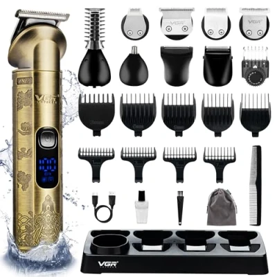 Image of VGR Beard Trimmer for Men Rechargeable Cordless Hair Clippers IPX6 Waterproof Electric Shaver Razor Male Grooming Kit Ear Nose Body Facial Stubble Head Haircuts 8 in 1