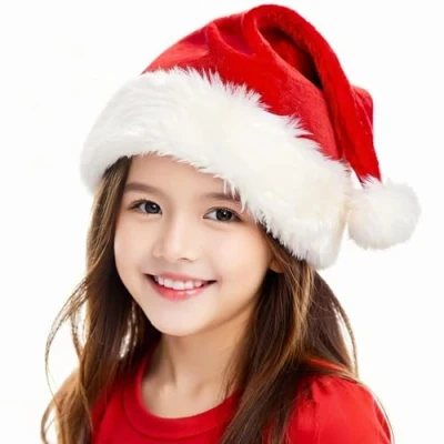 Image of BSVI Christmas Hat, Red Velvet Santa hat Comfort Extra Thicken Classic Fur Holiday Xmas for Kids New Year Party Supplies (Kids 1 pcs)