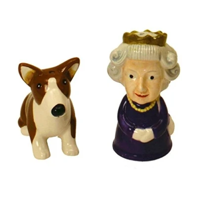 Image of British Queen Elizabeth II and Corgi Dog Salt Pepper Shaker Pots Set of 2