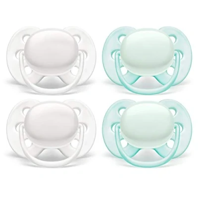 Image of Philips AVENT Ultra Soft Pacifier, 0 6 Months, Arctic White/Green, 4 Pack, SCF214/40