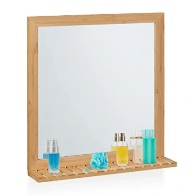 Image of Relaxdays Wall Mirror with Shelf, Bamboo Frame, HxWxD 61.5 x 60 12 cm, Bathroom &amp; Toilet, Hallway Bedroom, Natural