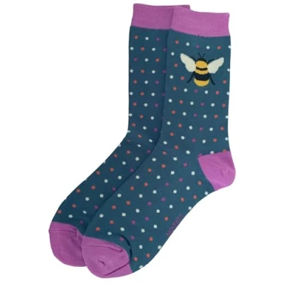 Image of Purple Possum® Bee Socks Ladies Bumble Bees Blue Polka Dot Spotty Bamboo Cotton 4 7 Shoe Size