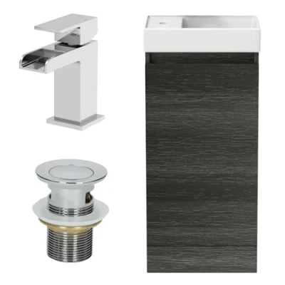 Image of Artis® 400mm Bathroom Vanity Unit Ceramic Wash Sink Floorstanding Storage Cabinet Reversible Soft Close Cupboard &amp; Chrome Waterfall Basin Mixer Tap Waste Set, Charcoal Grey