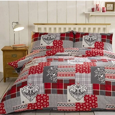 Image of Alpine Patchwork 100% Brushed Cotton Flannelette Heart Quilt Duvet Cover and Pillowcase Bedding Bed Set, Red/Multi Colour, Single
