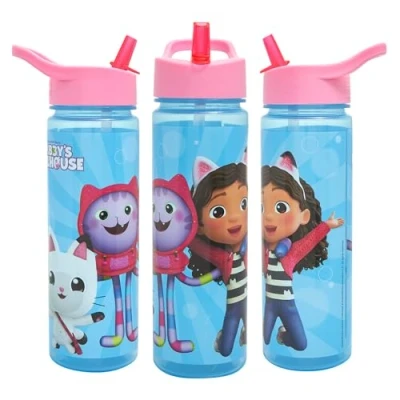 Image of Gabby&#039;s Dollhouse KIds Water Bottles With Flip Up Straw 600ml Official Gabbys Toys UK Merchandise by Polar Gear BPA Free, Recyclable Girls Bottle, Blue, Pink