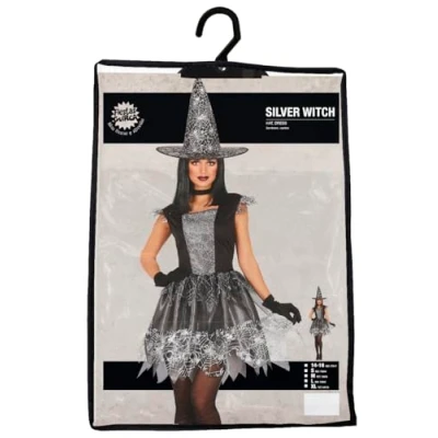 Image of FIESTAS GUIRCA Silver Glitter Witch Halloween Costume Adult Women Spiderweb Adults Fancy Dress Costumes Size M 10 12