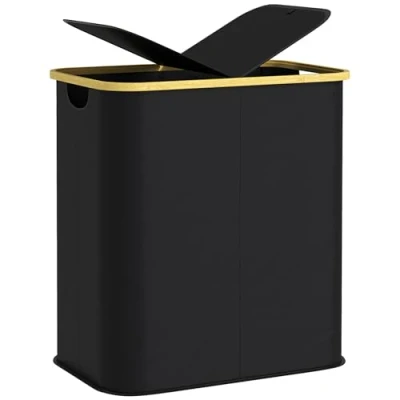 Image of HOMCOM Double Laundry Basket with Lid, 80L Collapsible Hamper Groove Handles, Washing for Bathroom, Bedroom, Room, Black