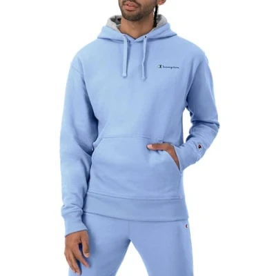 Image of Champion Men&#039;s, Powerblend, Fleece Hoodie, Comfortable Sweatshirt, Logo (Reg. Or Big &amp; Tall) Hooded, Plaster Blue Small Script, XXL
