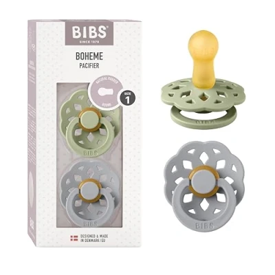 Image of BIBS Boheme Soother 2 Pack. BPA Free. Round Nipple, Size 1 (0 6 Months), Sage/Cloud