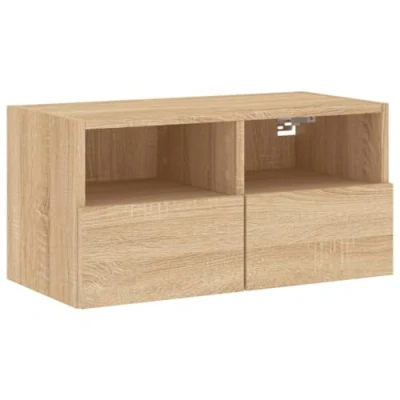 Image of vidaXL Engineered Wood TV Wall Cabinet Sonoma Oak, Mounted Storage Unit with 2 Shelves and Compartments for Living Room