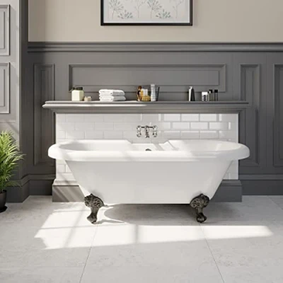 Image of Traditional Freestanding Bathtub White Acrylic Bath Roll Top Double Ended Leg Set Included Black Legs 1500 x 750mm