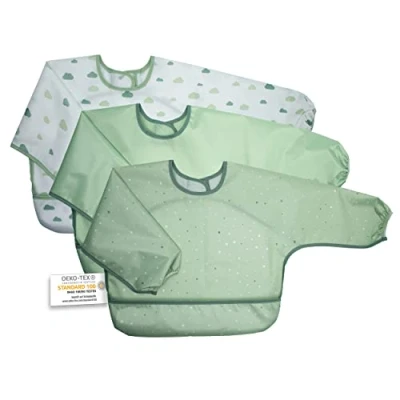 Image of MiaMia 3 Pack Long Sleeve Bibs Waterproof Baby Weaning with Food Catcher Oeko Tex Standard 100 Green