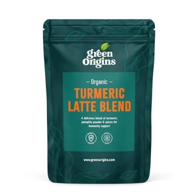 Image of Organic Turmeric Latte Powder Blend 100g by Green Origins Golden Milk with Pumpkin Protein 10 immunity servings Focus support Winter Drink Gluten Free, Vegan, Kosher UK Made