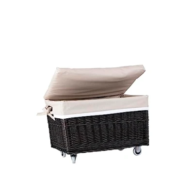 Image of e wicker24 Wicker Storage Chest on Wheels with Soft Cushion Seat Hand made Woven Basket Two Handles Vintage Toy Multi functional Lid Box(dark brown/beige)