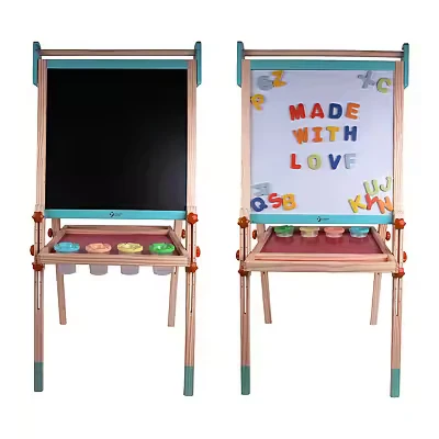 Image of Classic World Wooden Double Sided Multi Functional Art Easel, Foldable, Adjustable Height, Includes Magnetic Drawing Whiteboard, Chalkboard, 6 Paint Cups, 26 Alphabets, 54 x 45 113 cm, 3 Years+
