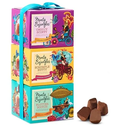 Image of Monty Bojangles Cocoa Dusted Truffles Gift Tower (3 x 100g Pack) 3 Luxury Chocolate Truffle Boxes Choccy Scoffy, Scrumple Nutty &amp; Flutter Scotch The Perfect Box Selection
