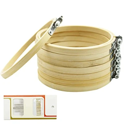 Image of REBECASKYENS 8 PCS Round Bamboo Embroidery Hoop Circle Cross Stitch Ring for Craft Sewing,with Gold Eye Needles,Embroidery Hoop,A Circular Used