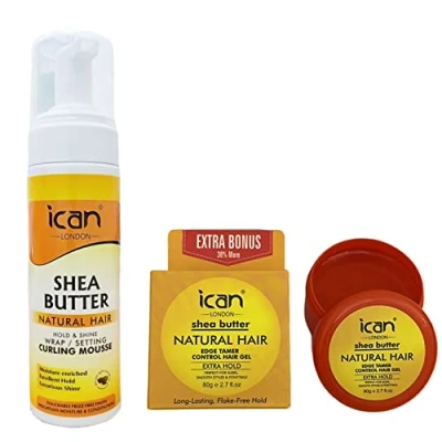 Image of ican London Shea Butter Wrap Set Mousse For Soft Curls,Smooth Hold &amp; Shine 207ml + Edge Control Hair Gel Extra 80g Combo Pack