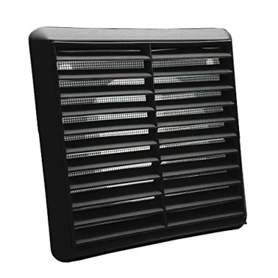 Image of Kair Black Louvred Wall Vent Grille 155mm External Dimension with Flyscreen and Round 125mm 5 inch Rear Spigot