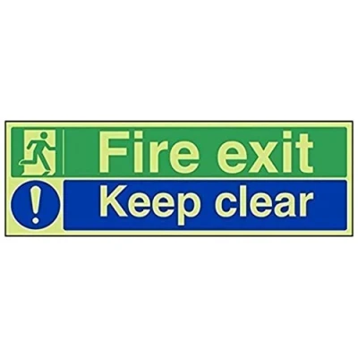 Image of V Safety 14012BJ G Glow In The Dark Fire Exit/Keep Clear Sign 450mm x 150mm Rigid Plastic, Blue, Green