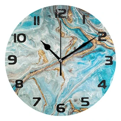 Image of Hunihuni Wall Clock Turquoise Marble Texture Silent Non ticking for Bedroom Living Room Home Office Decor