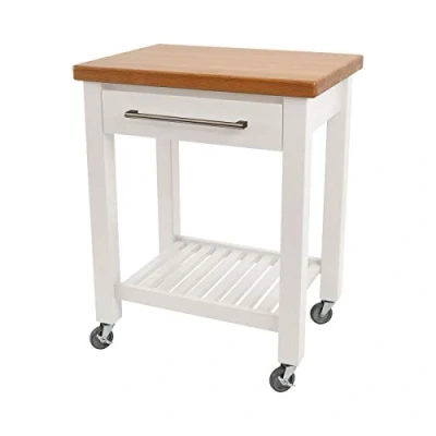 Image of T&amp;G Studio White Hevea With Oak Top Kitchen Trolley Flat Packed