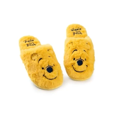 Image of Winnie the Pooh Womens Slippers Ladies Teddy Bear Indoor Fur Mules in Yellow Embroidered Character Face Slip On House Shoes for Adults and Teens Childrens Story Book Animation Merchandise Gift