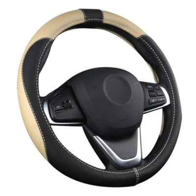 Image of OFZVEO Car Steering Wheel Cover Protector PU Leather Universal 37 38cm / 15&quot; Anti slip Breathable Durable (Beige)