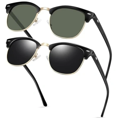 Image of KANASTAL 2 Pack Green Sunglasses Womens Polarised Semi Rimless Mens Retro Square Horn Rimmed UV Protection Dark + Glossy Black