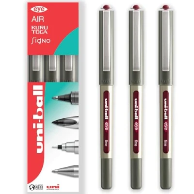 Image of uni ball EYE UB 157 Rollerball Pens 0.7mm Nib In Gift Box Packaging (Pack of 3, Wine Red)