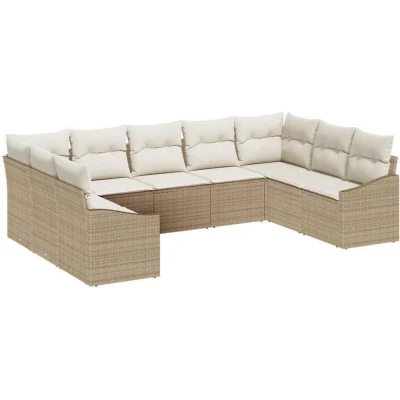 Image of vidaXL 9 Piece Garden Dining Set with Cushions Beige Poly Rattan
