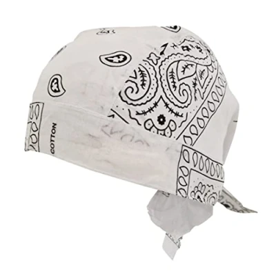 Image of White Paisley Zandana Tie Bandana Style Fitted Skull Cap Biker Durag Cotton Breathable Sports Hat