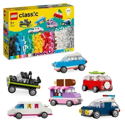 Image of LEGO Classic Creative Vehicles, Colourful Model Cars Kit featuring a Police Car Toy, Ice Cream Truck, Limo, Van &amp; More, Bricks Building Toys for Kids, Boys and Girls Aged 5 Plus with 52 Wheels 11036