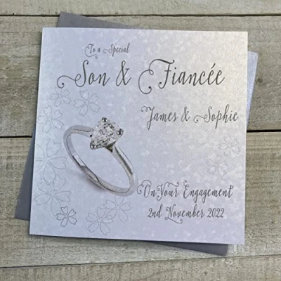 Image of WHITE COTTON CARDS PERSONALISED ENGAGEMENT CARD. ANY RELATION. SON &amp; FIANCÉE. TEARDROP CUT RING DESIGN. Handmade (P22 98 S XP22 S)