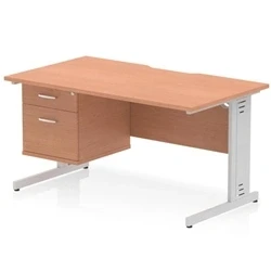 Image of Impulse 1400 x 800mm Scalloped Edge Office Desk Beech Top Silver Cable Managed Leg Workstation 1 2 Drawer Fixed Pedestal