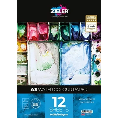 Image of Fine Grain Textured Watercolour Paper Pad 300gsm, 12 Sheets by Zieler™ Ideal for Soaking &amp; Masking (A3)