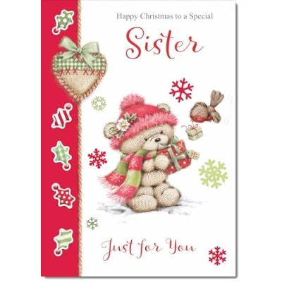 Image of doodlecards Sister Christmas Card Cute Bear with Red Hat Medium Size for Plain Envelope