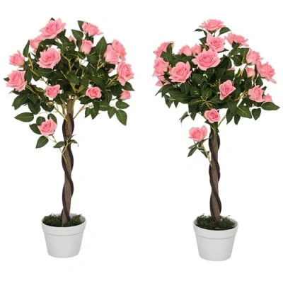 Image of Outsunny Set of 2 90cm/3FT Artificial Rose Tree, Fake Decorative Plant with Pot, Indoor Outdoor Faux Decoration Home Office Décor, Pink