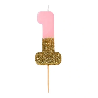 Image of Pink Number 1 One Birthday Candle with Gold Glitter Premium Quality Cake Topper Decoration Pretty, Sparkly For Kids, Adults, Teenagers, 1st Party, 18th, 21st, Anniversary, Milestone Age