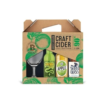 Image of Brewhouse Craft Cider Selection complete with Chalice Glass and 3x330ml Bottles. Premium British Gift Set includes Rattler, Thistly Cross, Pulp Cider. Perfect for Birthdays Christmas