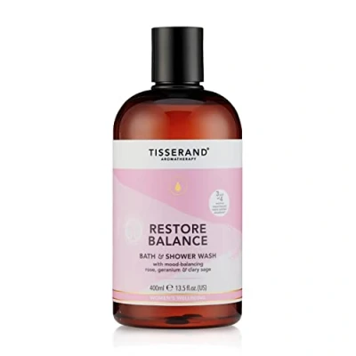 Image of Tisserand Aromatherapy Restore Balance Bath &amp; Shower Wash Perimenopause, Menopause Menstruation Support for Women Rose, Clary Sage Geranium 100% Natural Essential Oils 400ml