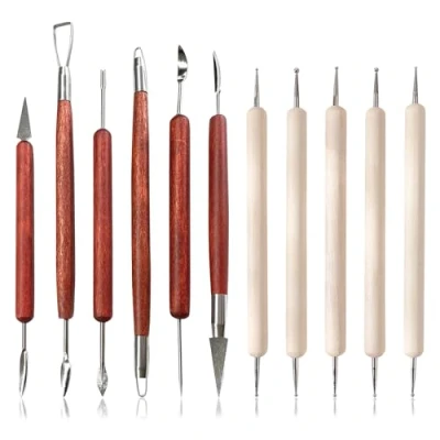 Image of Clay Sculpting Modelling Tools, 11PCS Polymer Tool Double Ended Stainless Steel Wooden Wax Carving DIY Tools Pottery Air Drying