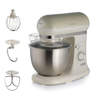 Image of Ariete Vintage 8803 Stand Mixer Food Processor, 1200W, 5.5 Litre Stainless Steel Bowl, Planetary Motion, 7 Speeds + Pulse, Anti Splash Cover, Cream