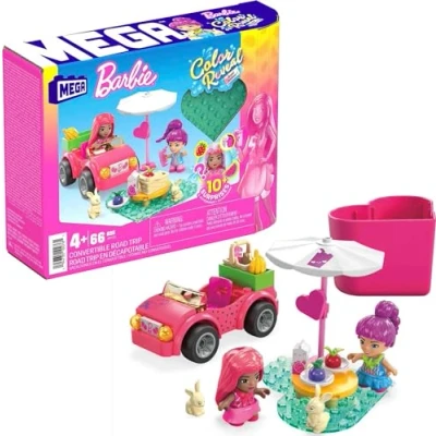Image of MEGA WONDER BUILDERS ​MEGA Barbie Color Reveal Building Toys, Convertible Road Trip with 2 Micro Dolls, Accessories, Pets, Change and 10 Surprises, HKF90