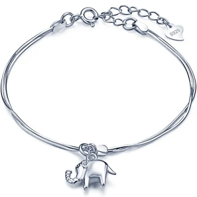 Image of Infinite U Women Girls Charm Bracelet 925 Sterling Silver, Cute Elephant bangle, Adjustable Hand Link, Double Chains Extension, Silver